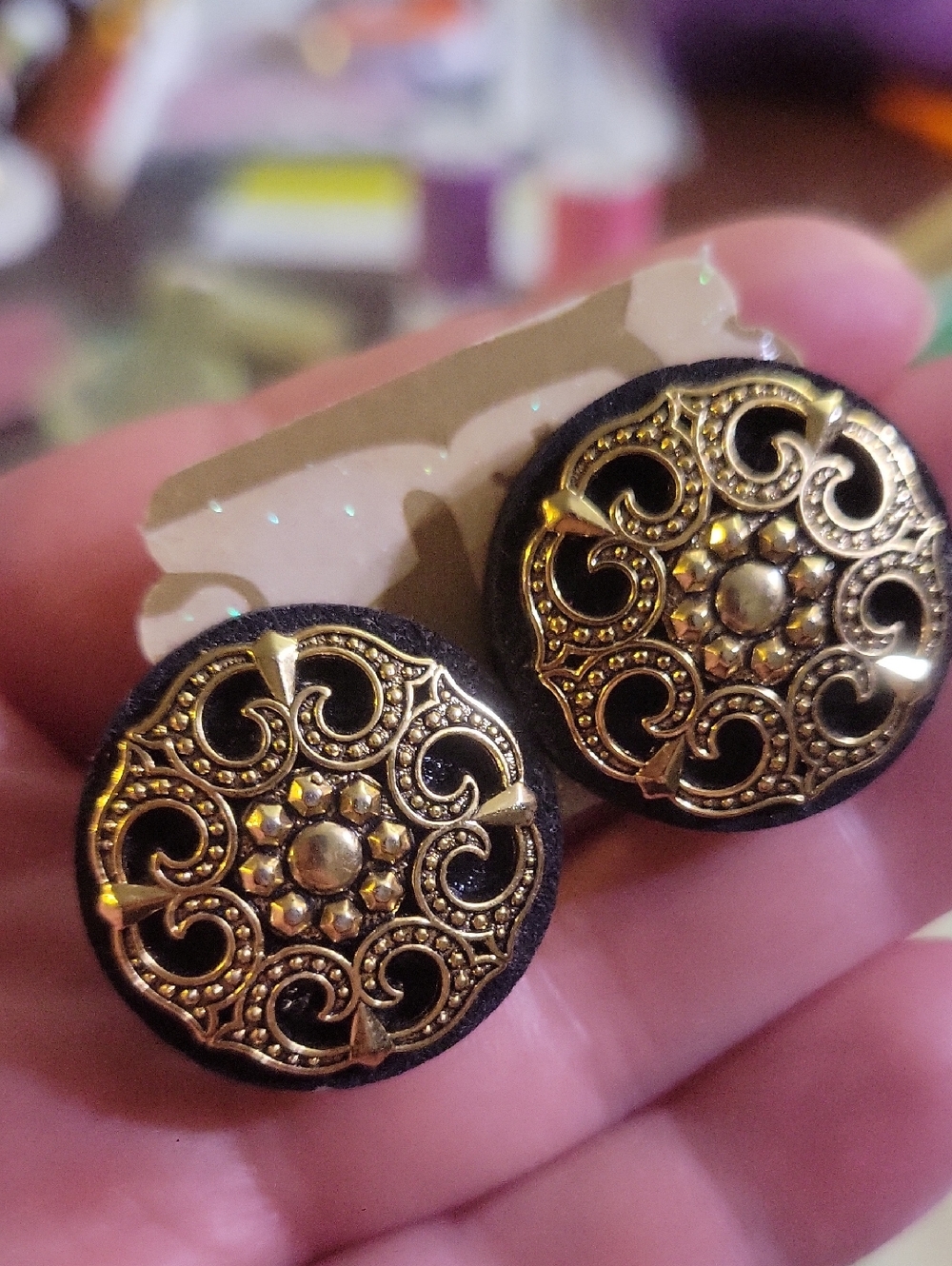 Gold Filigree Round Button Stud Earrings for Women